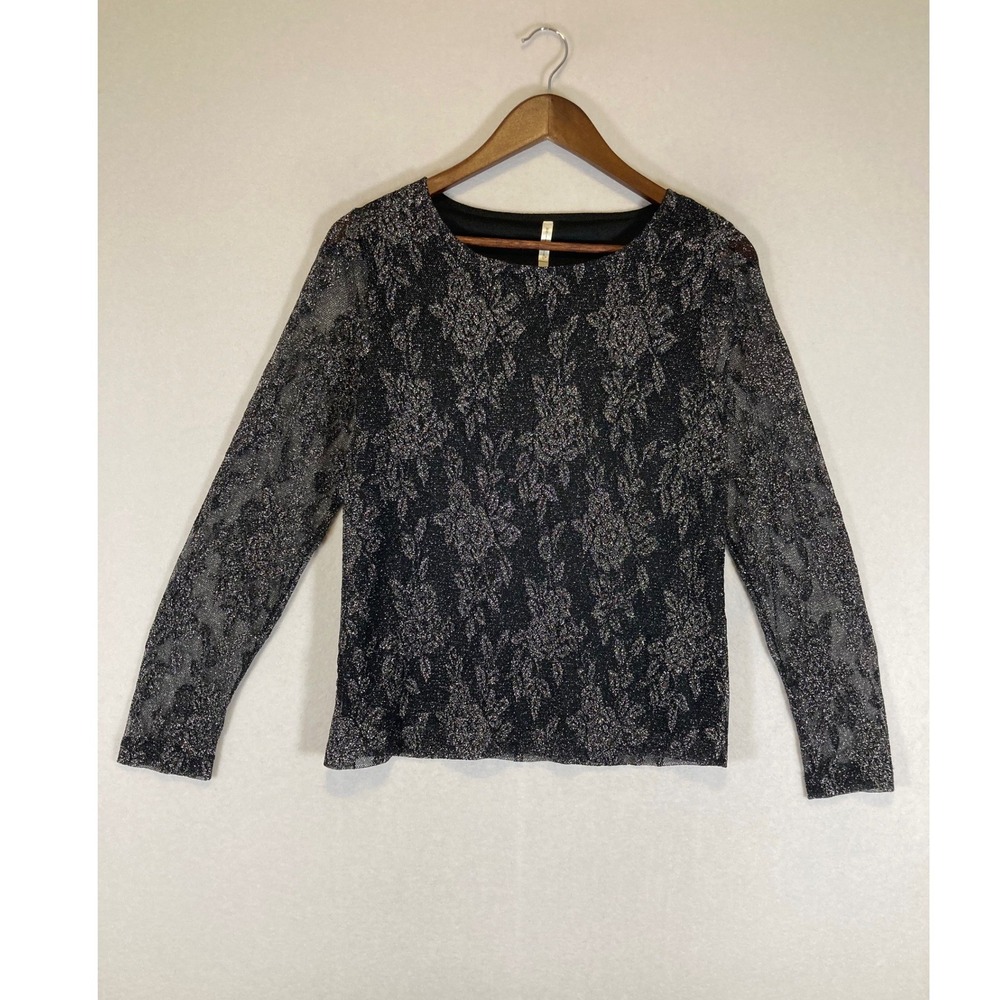 Sparkly White‎ Stag Womens Size Medium Black Silver Metallic Floral Lace Blouse